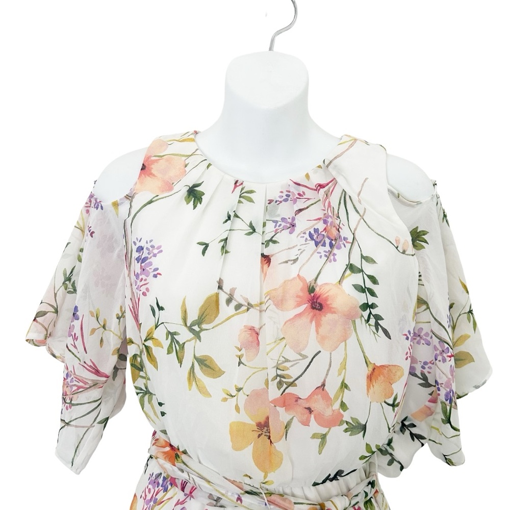 Calvin Klein flutter sleeve cold shoulder white floral chiffon maxi dress 12 - Picture 5 of 10